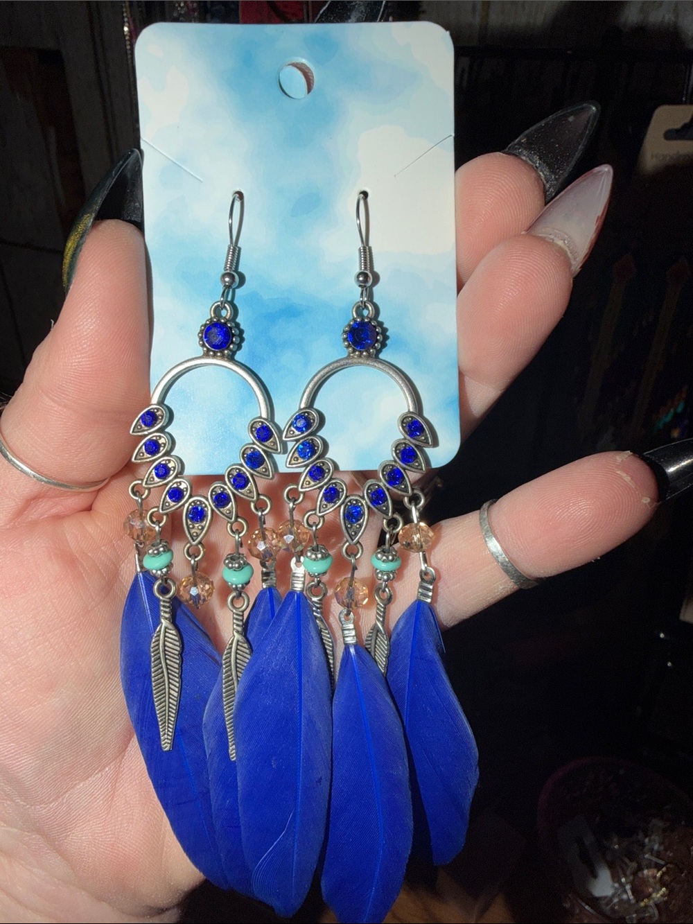 Boho Blue Feather Dangle Earrings - Unbranded
